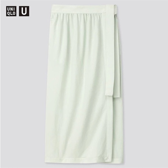 Uniqlo U Mint Green Wrap Midi Skirt Rayon Blend Tie Size 10 - Picture 2 of 10